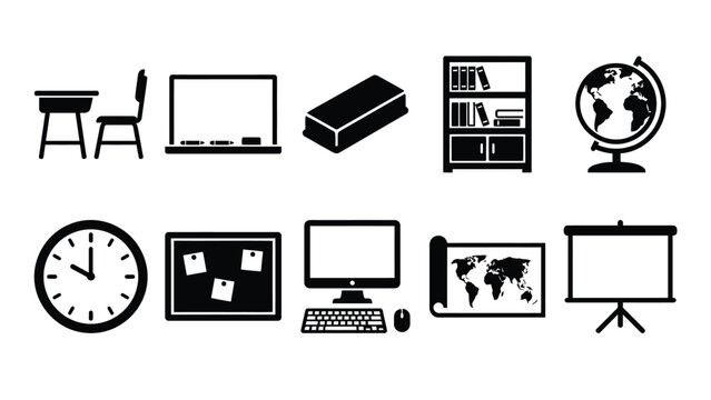 Educational classroom and school supply solid icon set for learning.