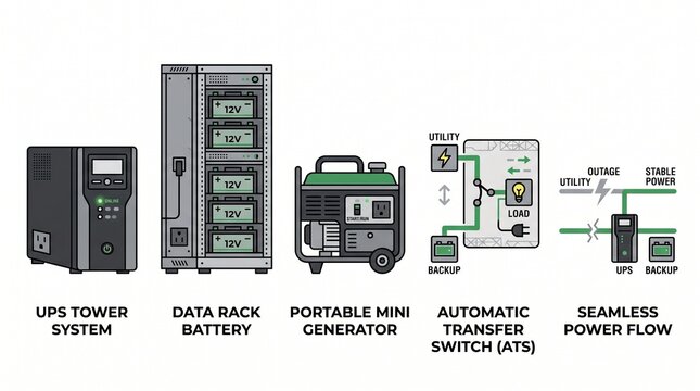 The image showcases a comprehensive power backup system comprising a UPS tower system, data back battery, portable mini generator, automatic transfer switch, and seamless power flow.
