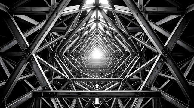 Looking up at industrial steel truss structure black and white geometric framework