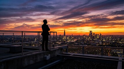 Fototapeta premium Silhouette of Person Contemplating City Skyline at Sunset with Dramatic Sky
