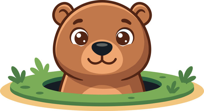 Cute Cartoon Groundhog Peeking Out of Its Burrow Hole Vector Illustration for Groundhog Day Designs, Children Books, and Wildlife Mascot Graphics
