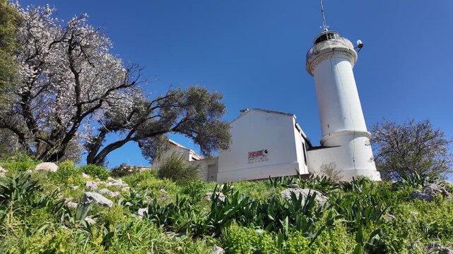 Gelidonya Lighthouse on Mediterranean Coast in Turkey - MS Low Angle View UHD