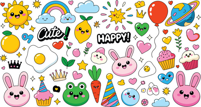 Cute kawaii doodle element collection featuring funny cartoon animals smiley faces stars rainbow and sweets isolated on white background vector