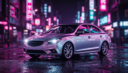 Fototapeta premium Modern silver sedan parked on a wet city street with vibrant cyberpunk neon lights at night