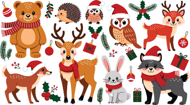 Christmas vector set with cute cartoon forest animals wearing Santa hats and scarves isolated on 