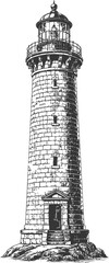 Obraz premium A detailed, isolated illustration of a vintage lighthouse with a rough stone texture. This maritime structure serves as a coastal landmark and navigation aid, guiding ships at sea for safety.
