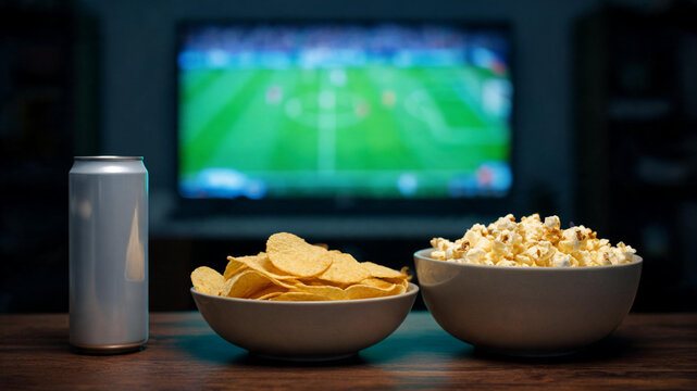 Energy drink can chips popcorn dark wooden table soccer TV match 
blurred 