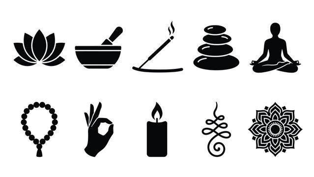 Yoga and meditation icons set including lotus flower, mortar and pestle, incense, stones, meditating person, mala beads, mudra hand, candle, unalome, and mandala.