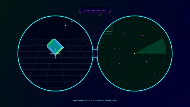 Visualizing data transfer through a secure edge computing network as holographic elements rotate and radar sweeps monitor active connections on a HUD.