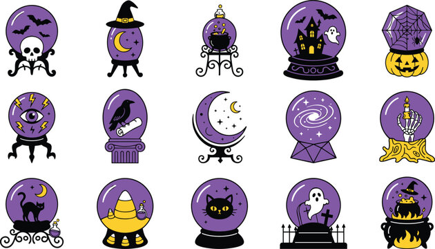Halloween crystal ball collection featuring spooky fortune telling magic witchcraft symbols and flat cartoon vector illustration icon set
