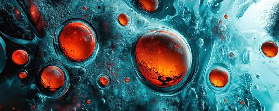 Close-up of Red Liquid Bubbles in Blue Transparent Fluid Abstract Background