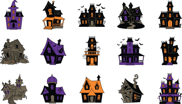 Halloween haunted house collection with spooky mansions abandoned cottages creepy homes and cartoon flat vector illustration icon set