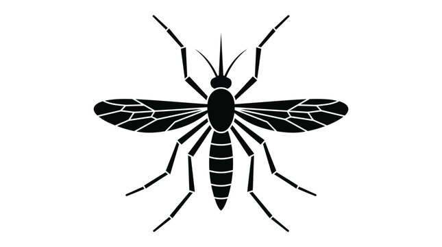 Detailed black silhouette of a mosquito insect featuring sharp wings and long legs on white