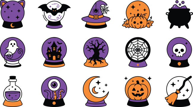 Halloween crystal ball icon collection featuring magical fortune spooky symbols witchcraft and flat cartoon vector illustration set