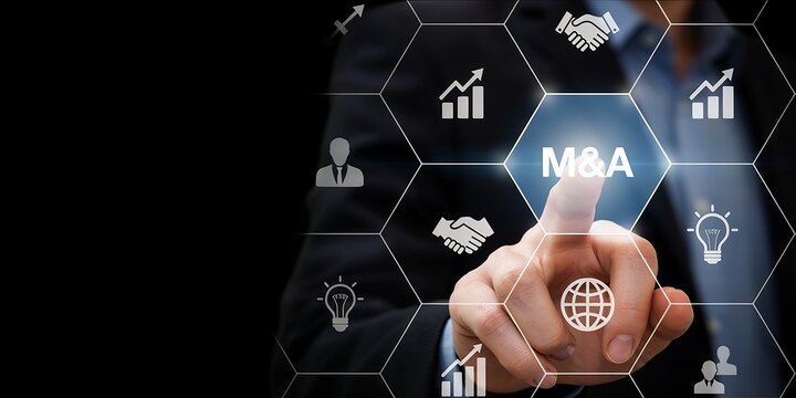 Businessman touching m&a text on digital hexagonal interface