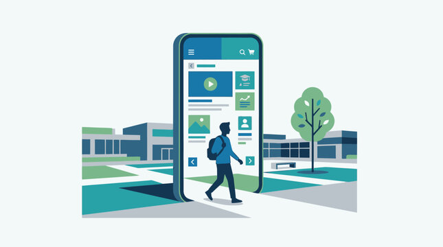 Digital education and hybrid learning concept with a student walking through a smartphone screen gateway into a modern school campus