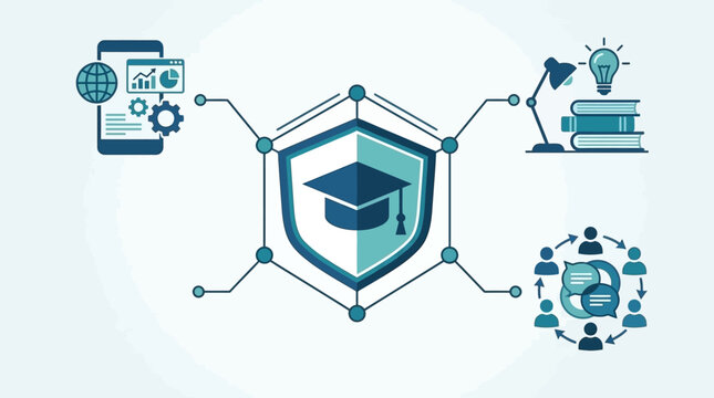 Educational infographic with central shield and graduation cap icon representing academic security and learning technology integration.