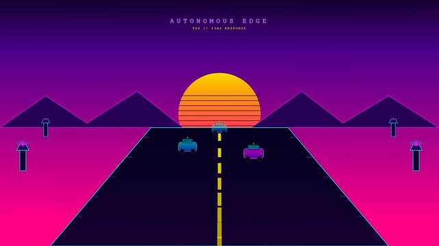 Autonomous vehicles seamlessly connect to an edge computing network while driving down a retro futuristic highway under a vibrant neon sunset.