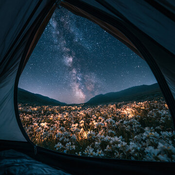 Cozy view from inside a camping tent looking out to a beautiful field of wild flowers under a majestic Milky Way starry night sky
