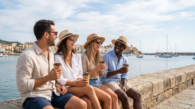 Friends Enjoying Coffee by the Harbor on Summer Bank Holiday