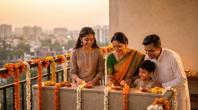 Indian family lights diyas on balcony celebrating India's Independence Day