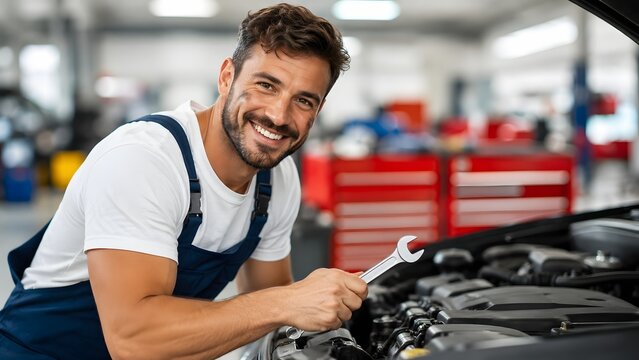 Handsome male car mechanic smiling at the camera while holding a wrench over a vehicle engine. Professional portrait suitable for auto repair services and automotive workshops.