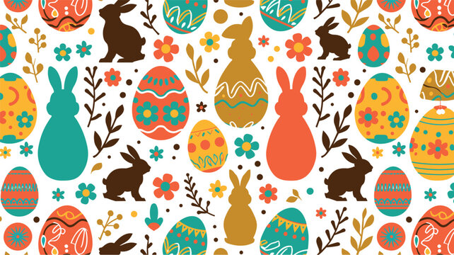 Seamless Easter pattern featuring colorful decorated eggs cute bunnies and spring flowers vector background for holiday design wrapping paper