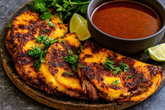 Crispy birria tacos with consomme and lime wedges