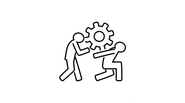 Minimalist outline animation of two businessmen pushing mechanism gear workflow icon drawing on and fading out. Features a clean pop up style in 3 color setups.
