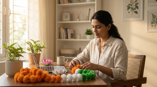 Woman Decorating India's Independence Day Garlands in Tricolor at Home
