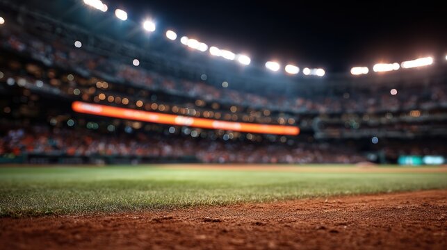 Baseball field at night with stadium lights and crowd