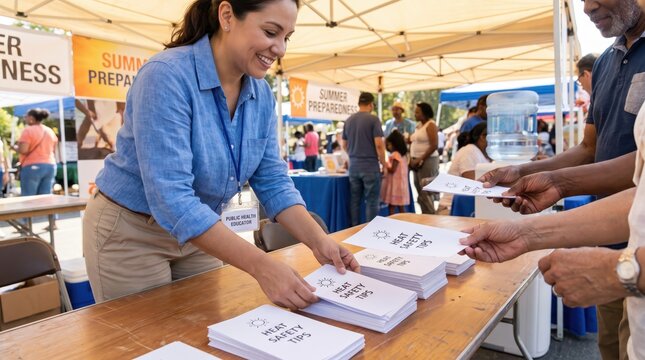 Woman distributing Heatwave Safety tips at community event