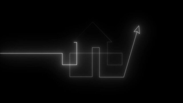 Home icon house sign neon lights animation with up arrow. animation. Neon home business graph icon animation. 4k video