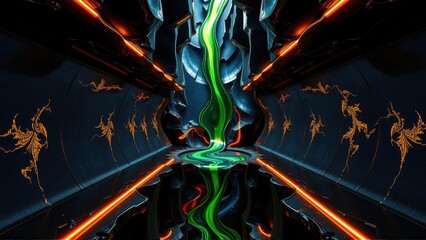 Fototapeta premium Futuristic tunnel glows with vibrant neon lights. Green energy flows through dark metallic structure. Symmetry creates intense visual effect.
