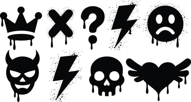 Graffiti style black spray paint icon set featuring dripping skull crown heart lightning and devil silhouettes vector isolated on white background