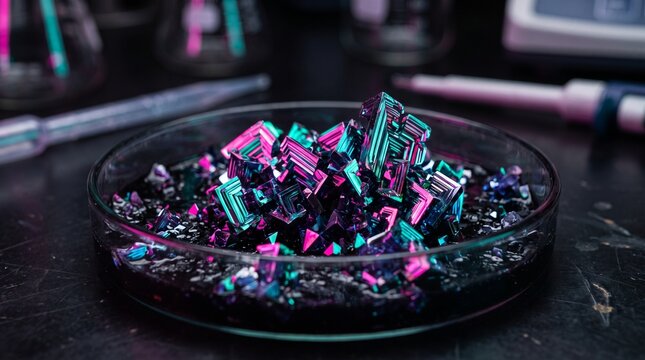 Vibrant Chemical Crystals Growing in Petri Dish Under UV Light Laboratory Setting