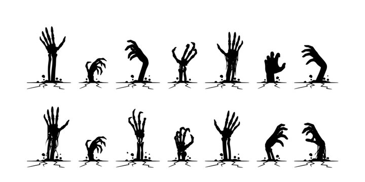 Zombie Hands Emerging From the Ground, Twelve Hand Silhouettes on White Background in Horror Concept Design