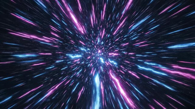 hyperspace jump through a cosmic tunnel with glowing blue and pink light streaks creating a futuristic warp speed background.
