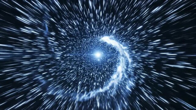 hyperspace jump through a dynamic starfield illustrating light speed travel and warp speed in a blue glowing tunnel.