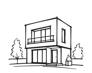 Sketch of village buildings. Doodles cottages, logo © pylypchuk25