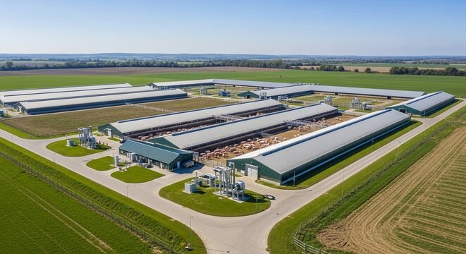 Sprawling agricultural facility for integrated porker production viewed from above on a clear day