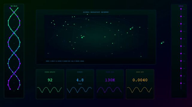 This futuristic broadcast data overlay displays fluctuating biological metrics and network performance on a digital screen during a complex scientific simulation or security monitor.