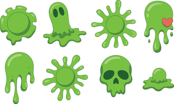 Vibrant neon green cartoon slime splats and dripping goo drips featuring spooky skull and ghost shapes isolated on white.