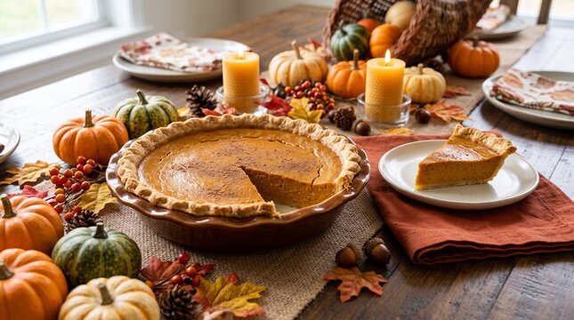 Delicious homemade pumpkin pie flat lay on rustic wooden background decorated with colorful autumn leaves and mini pumpkins