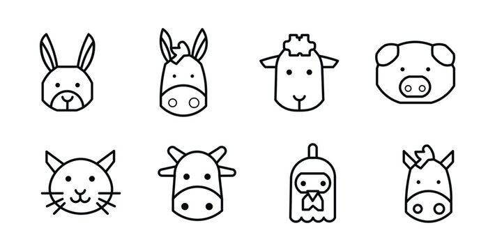 Minimalist farm animal icons, set of 8 outline vector illustrations, cute livestock head symbols for agriculture branding and educational apps
