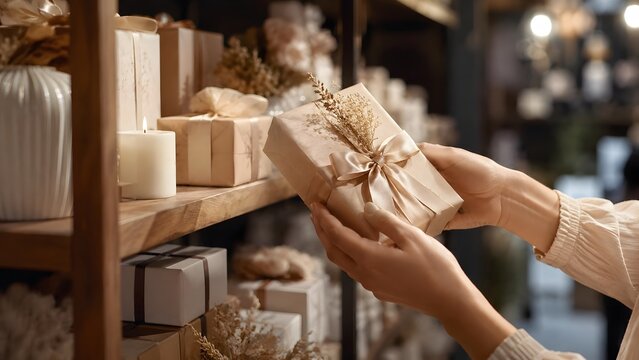 Close up of hands holding a beautifully wrapped gift with a ribbon in a boutique. This festive image is perfect for holiday shopping ads, gift services, and celebratory content.