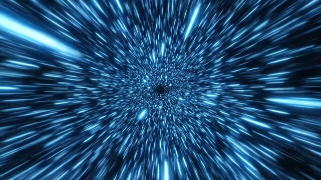 hyperspace travel at warp speed through a space tunnel bright blue light trails for futuristic concepts.