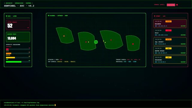 This dynamic broadcast data overlay shows a cybersecurity monitoring center interface where active threat numbers increase rapidly while digital logs scroll across the dark background.