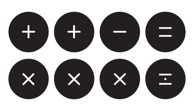 Set of black round mathematical operators including plus minus multiply divide and equal signs vector.