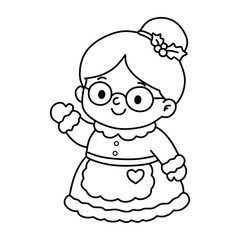 Fototapeta premium Cute Mrs. Claus cartoon character in flat vector style. Ideal for Christmas greeting cards, holiday decorations, educational materials, coloring books, printable crafts, and children's illustrations